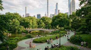 professional travel photograph of Central Park in New York City, USA, lush green park landscape surrounded by Manhattan skyscrapers