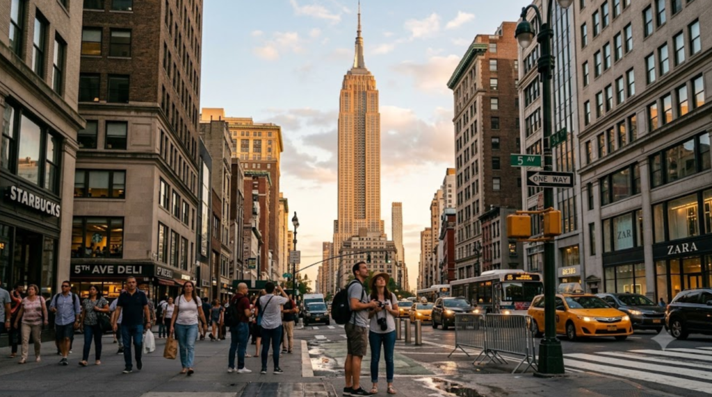 cinematic travel photograph of the Empire State Building in New York City, USA, iconic Art Deco skyscraper rising above Manhattan, surrounding high-rise buildings and busy streets, random tourists naturally viewing the landmark from street level, warm golden-hour sunlight