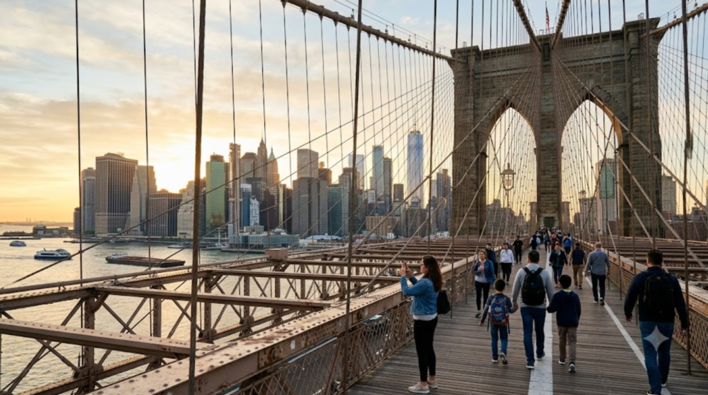 premium travel photograph of Brooklyn Bridge in New York City, USA, historic stone towers and suspension cables stretching over the East River,