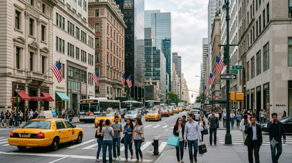 street photograph of Fifth Avenue in Manhattan, New York City, USA, elegant historic buildings and modern skyscrapers