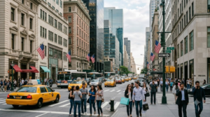 street photograph of Fifth Avenue in Manhattan, New York City, USA, elegant historic buildings and modern skyscrapers