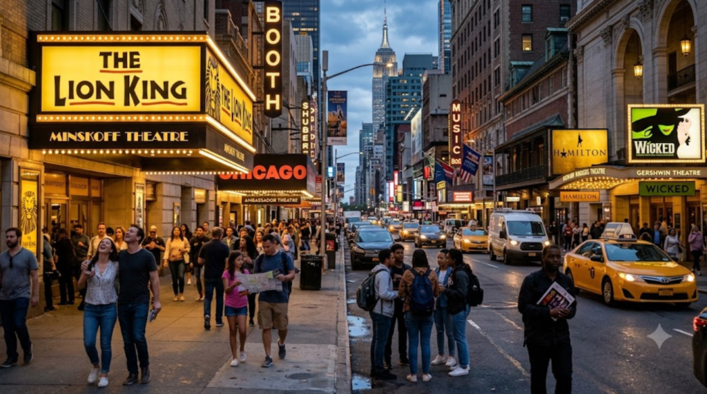 Hyper-realistic cinematic travel photograph of Broadway theatre district in Manhattan, New York City, USA, historic theatre facades, illuminated theatre marquees