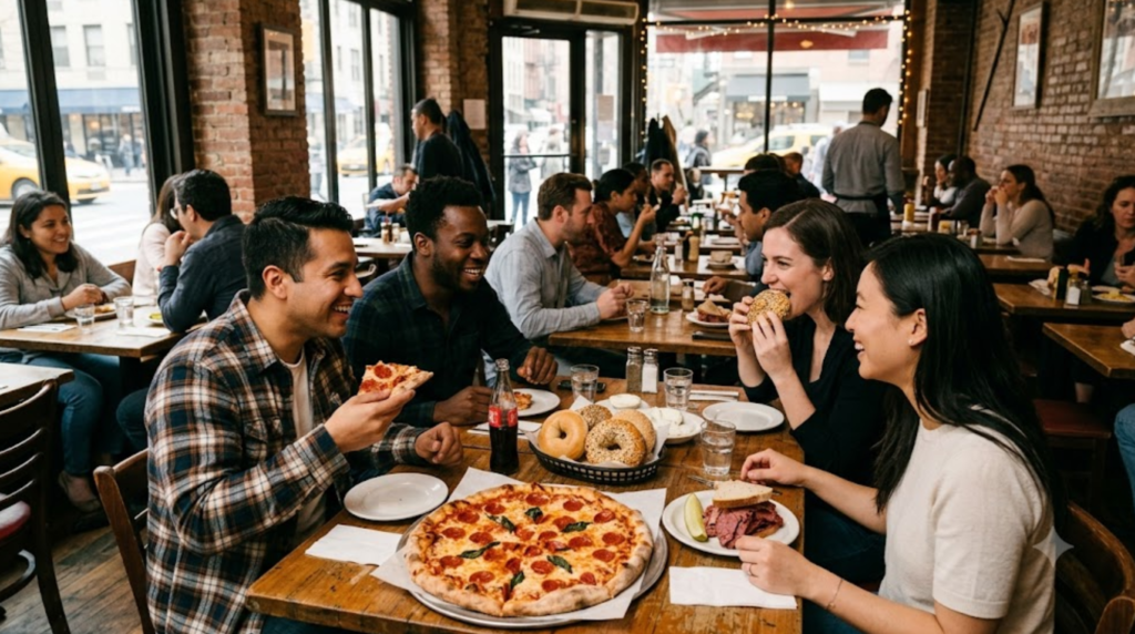 professional food travel photograph in New York City, USA, authentic New York-style pizza, bagels and classic local dishes served in a stylish casual restaurant,