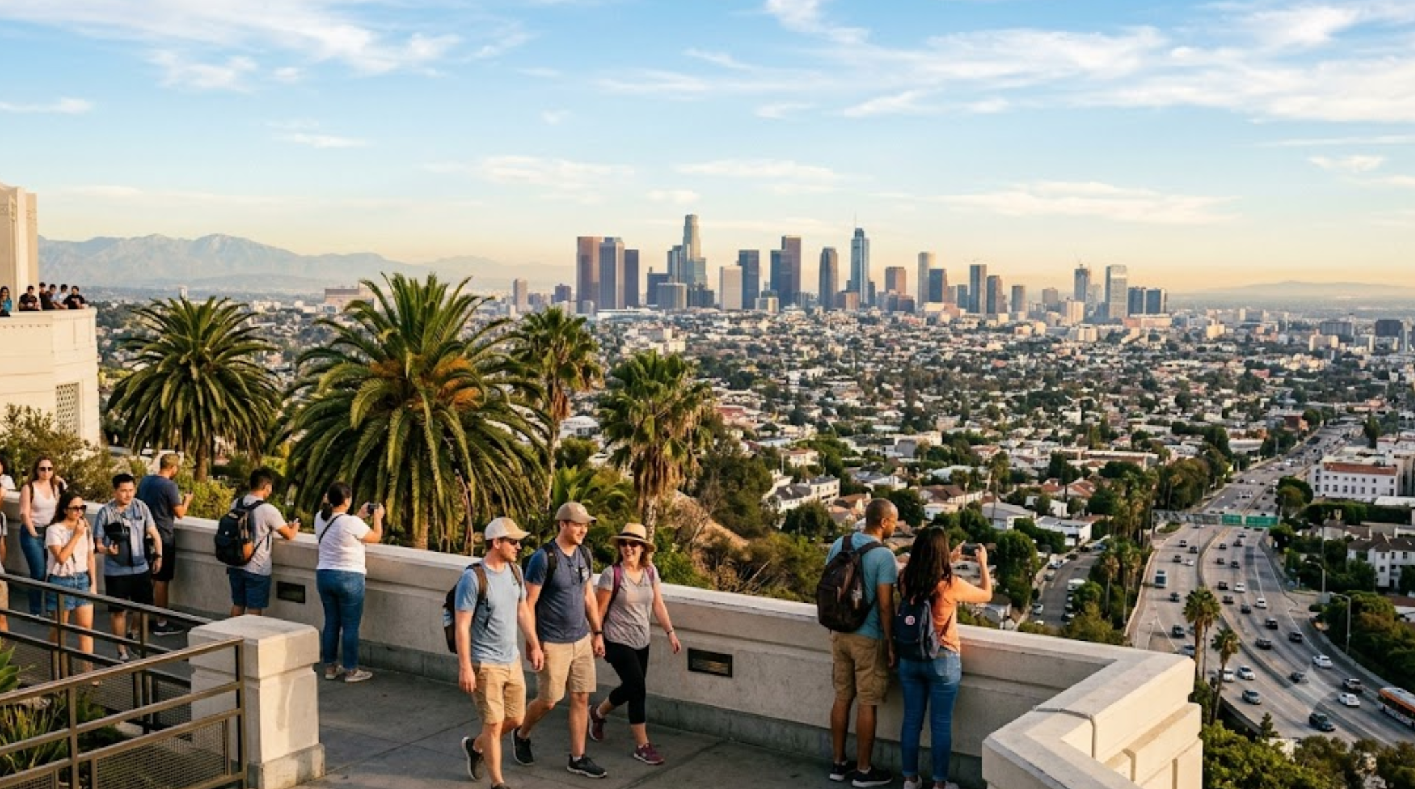 premium travel photograph of Los Angeles, California, USA, panoramic view of the Los Angeles skyline with downtown skyscrapers, palm trees,