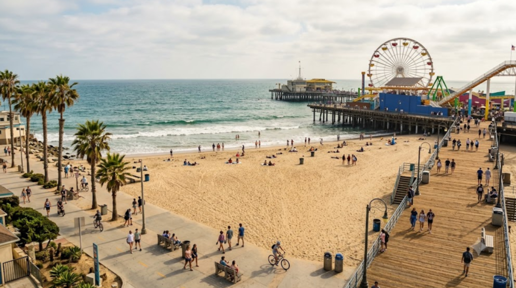 travel photograph of Santa Monica Beach and Santa Monica Pier in Los Angeles, California, USA,