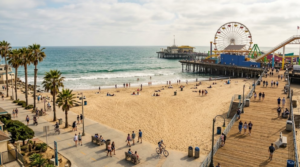 travel photograph of Santa Monica Beach and Santa Monica Pier in Los Angeles, California, USA,