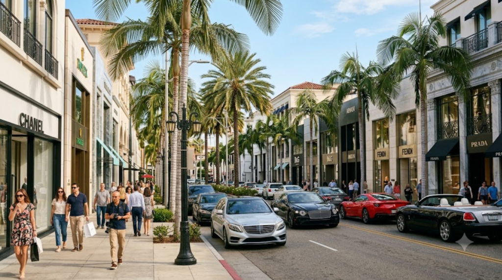 photograph of Rodeo Drive in Beverly Hills, Los Angeles, California, USA, elegant palm-lined street,