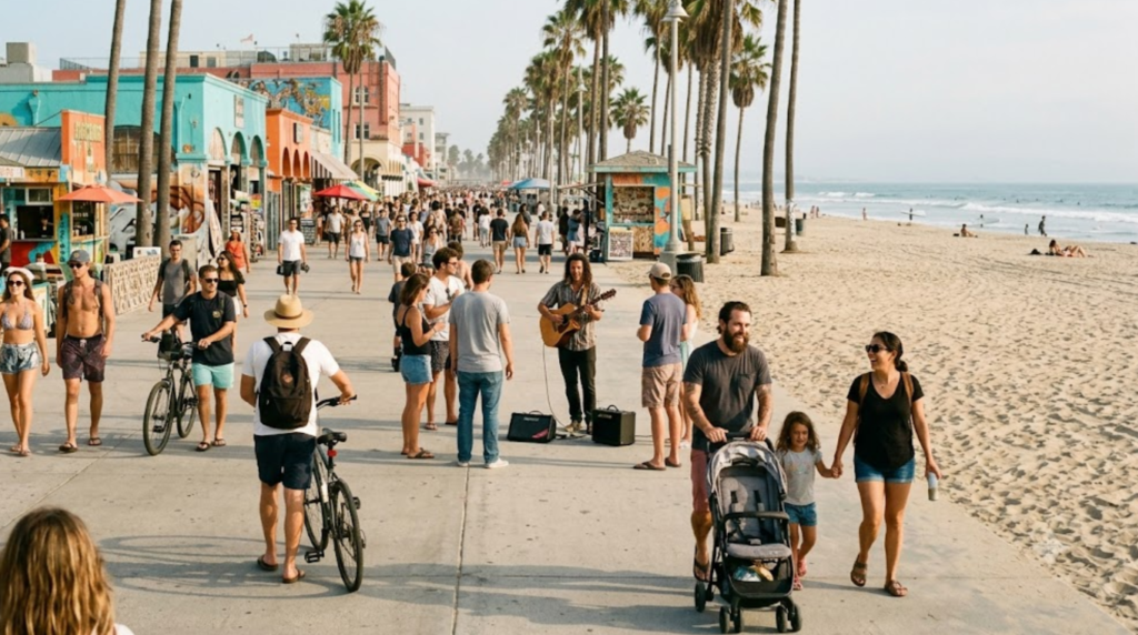 documentary travel photograph of Venice Beach in Los Angeles, California, USA, wide sandy beach,