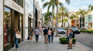 premium travel photograph of random tourists exploring Rodeo Drive in Beverly Hills, Los Angeles