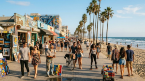 travel photograph of Venice Beach, Los Angeles, California, USA, beachfront promenade,