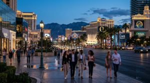 travel photograph of Las Vegas, Nevada at blue hour, iconic Las Vegas Strip with illuminated luxury resorts, grand hotels, glowing city lights,