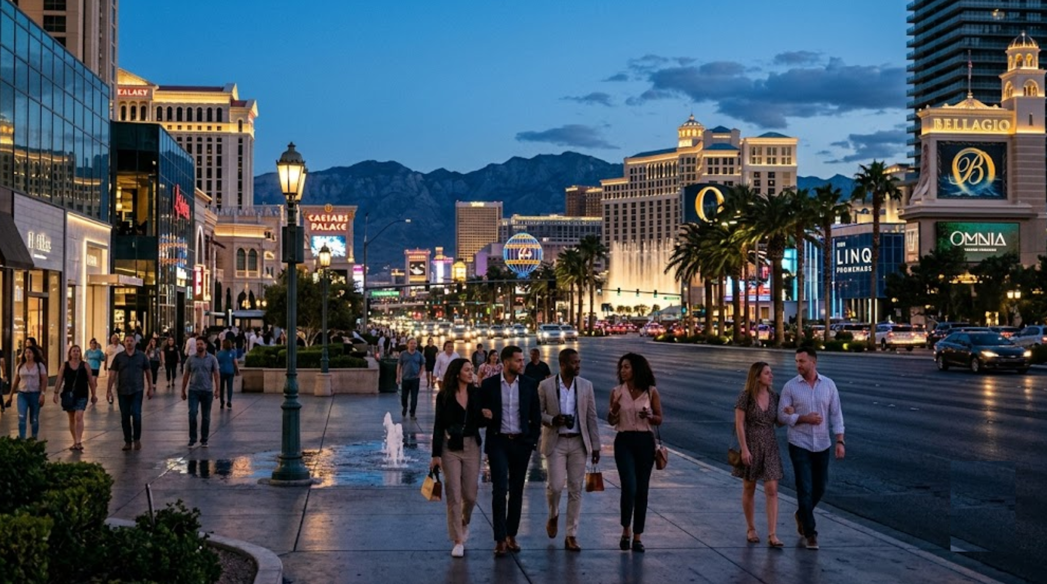 travel photograph of Las Vegas, Nevada at blue hour, iconic Las Vegas Strip with illuminated luxury resorts, grand hotels, glowing city lights,
