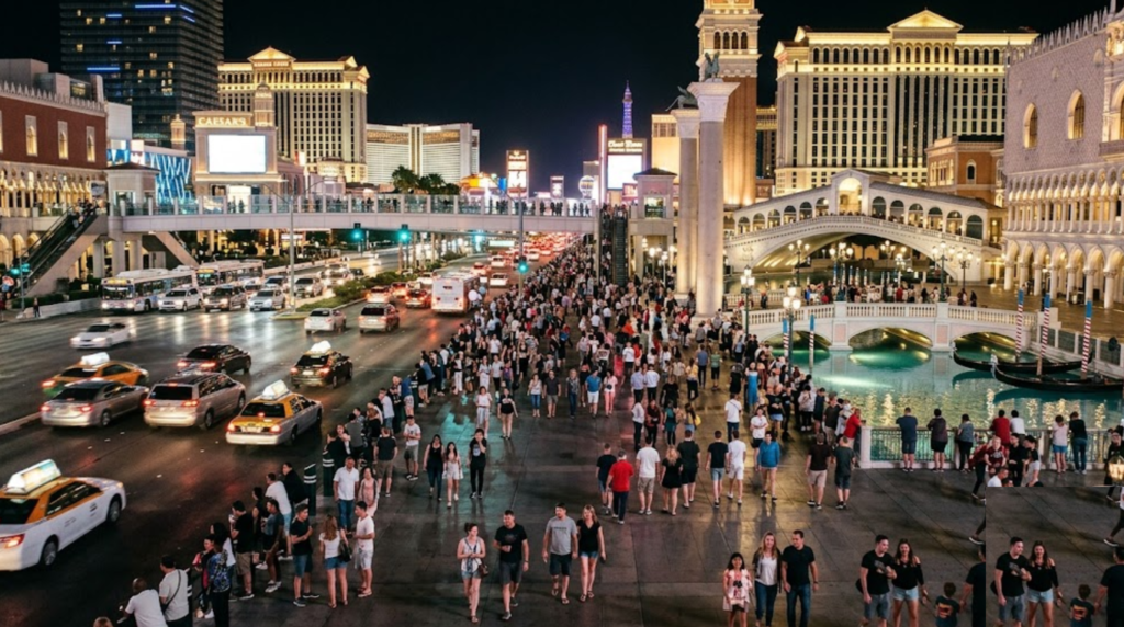 travel photograph of the Las Vegas Strip at night, iconic luxury resorts and hotels illuminated along the boulevard