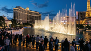 professional travel photograph of the Bellagio Fountains in Las Vegas during an evening water performance