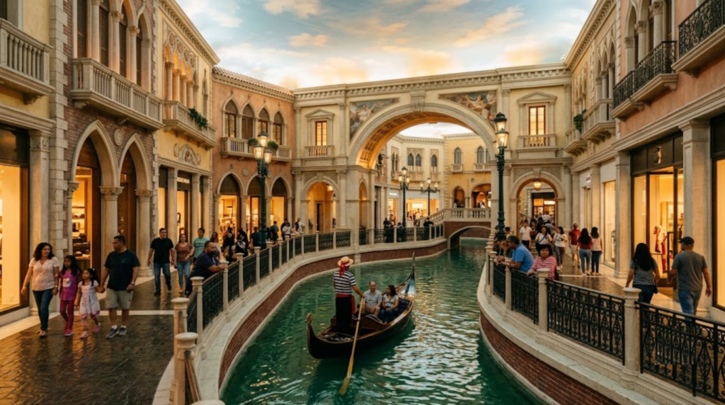 premium travel photograph of The Venetian Resort Las Vegas, elegant Italian-inspired architecture, indoor Grand Canal with authentic gondolas,