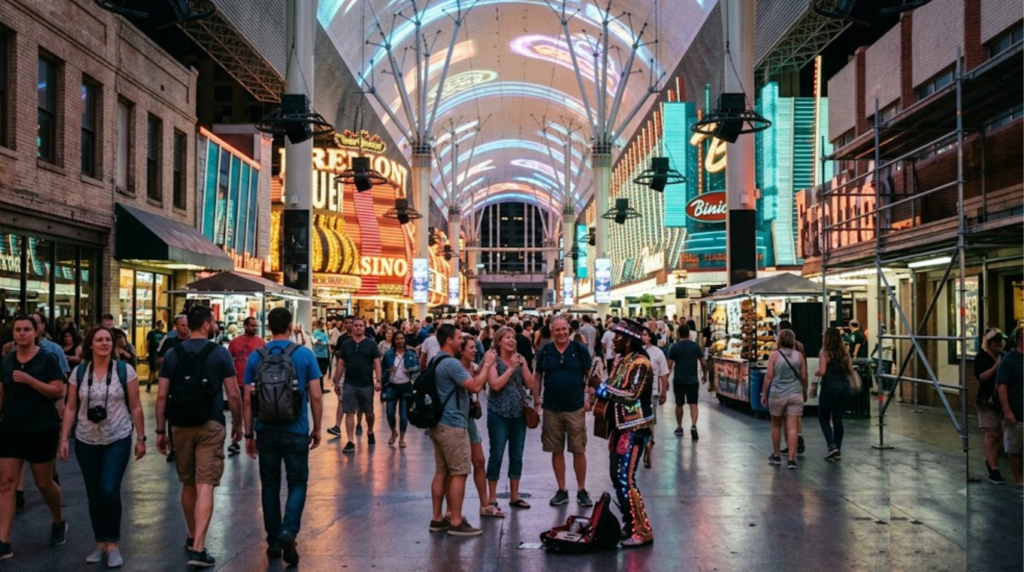 travel photograph of Fremont Street Experience in Downtown Las Vegas at night,