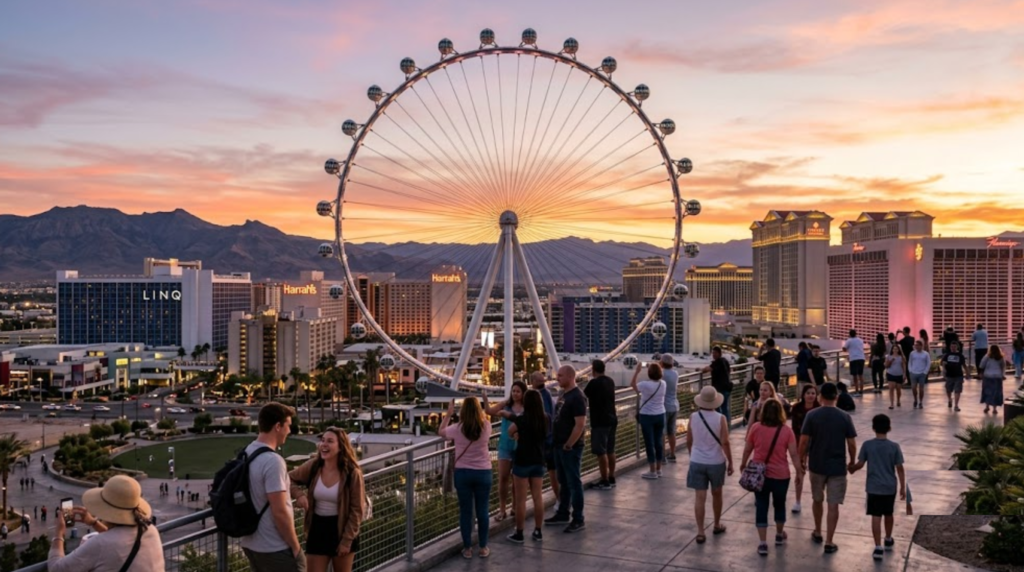 premium travel photograph of the High Roller Observation Wheel in Las Vegas during sunset, massive observation wheel overlooking the Las Vegas skyline