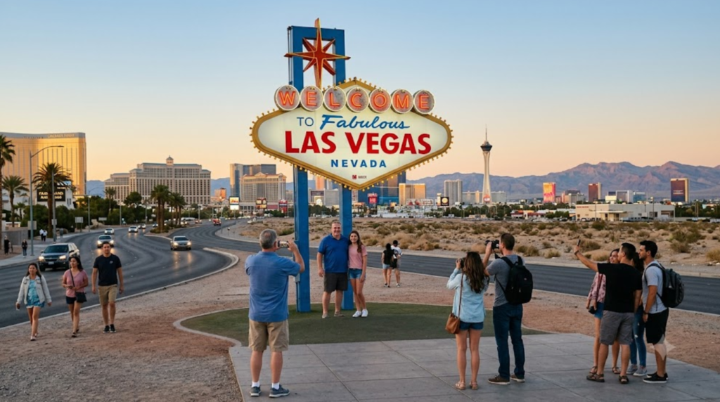 professional travel photograph of the iconic Welcome to Fabulous Las Vegas sign during golden hour, desert landscape and Las Vegas skyline in the background, diverse random tourists naturally taking photographs near the landmark,