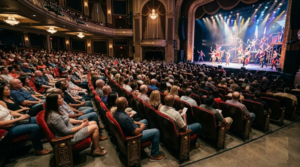 photograph inside a sophisticated Las Vegas entertainment theatre, diverse random adult tourists seated in an audience watching a spectacular live stage performance