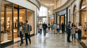 premium travel photograph inside a sophisticated Las Vegas shopping district,