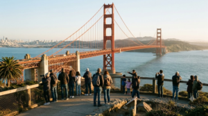 premium travel photograph of San Francisco, California at golden hour, iconic Golden Gate Bridge spanning the bay