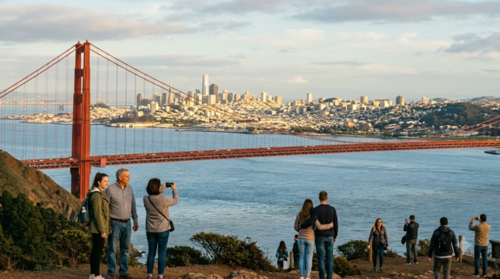 premium travel photograph of the Golden Gate Bridge in San Francisco during golden hour,