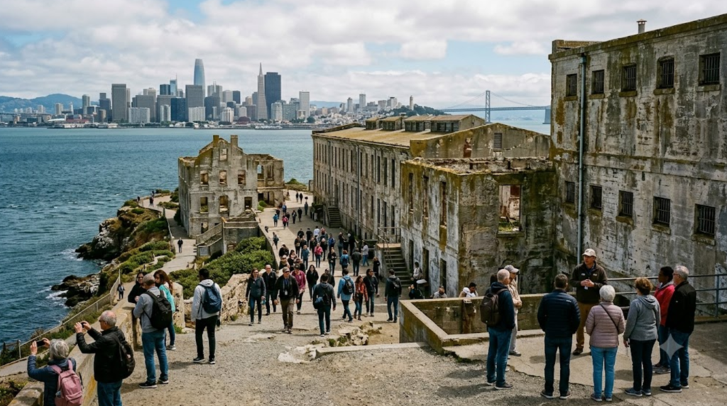 professional travel photograph of Alcatraz Island in San Francisco Bay, historic former prison buildings on the rocky island, San Francisco skyline visible across the water, diverse random tourists exploring the island naturally,