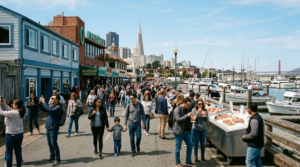 premium travel photograph of Fisherman's Wharf San Francisco, lively waterfront promenade with historic harbor buildings, boats and San Francisco Bay,