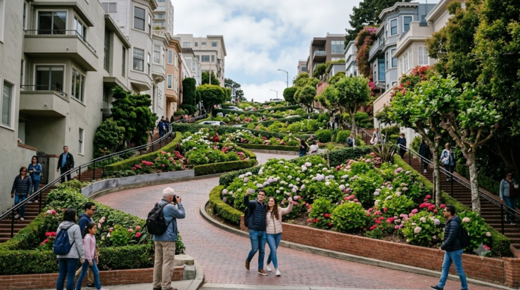 professional travel photograph of Lombard Street in San Francisco, famous steep winding road with carefully landscaped curves and historic residential architecture,