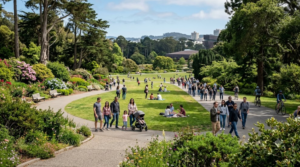 travel photograph of Golden Gate Park San Francisco, expansive green landscape with mature trees, landscaped gardens and walking paths, diverse random international tourists naturally