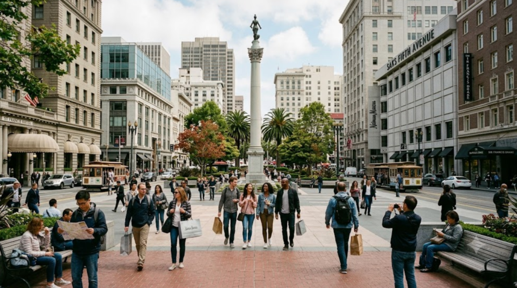 professional travel photograph of Union Square San Francisco, elegant urban plaza surrounded by historic and modern buildings