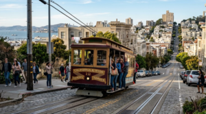 professional travel photograph of a classic San Francisco cable car traveling through a steep historic city street, diverse random tourists naturally riding and walking nearby