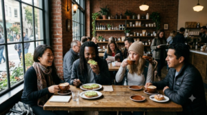 premium lifestyle travel photograph inside a stylish San Francisco café, diverse random international tourists naturally enjoying coffee and local food,