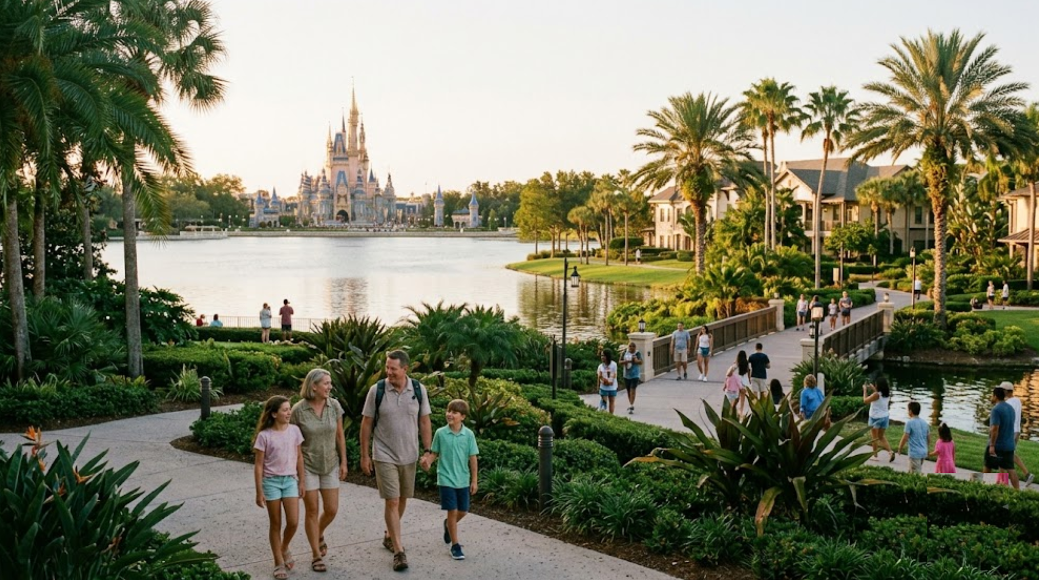 premium travel photograph of Orlando, Florida at golden hour, vibrant theme park skyline with a large iconic castle-inspired attraction in the distance,