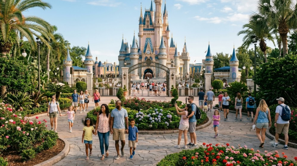 premium travel photograph of a grand Disney-inspired theme park entrance in Orlando, Florida, magnificent fairytale castle architecture in the background, beautifully landscaped pathways,