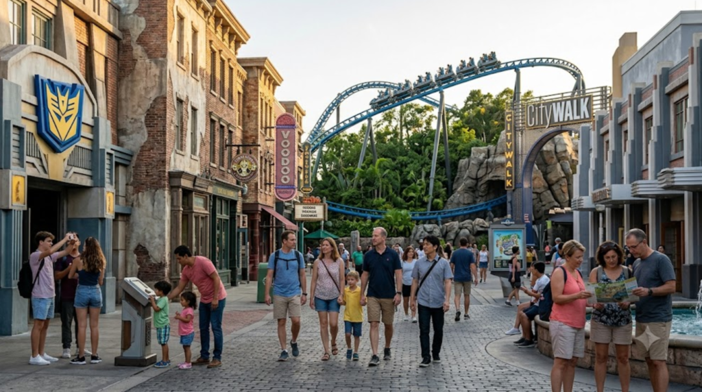 professional travel photograph of Universal Orlando Resort, spectacular themed entertainment district with detailed movie-inspired architecture
