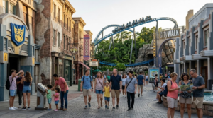 professional travel photograph of Universal Orlando Resort, spectacular themed entertainment district with detailed movie-inspired architecture