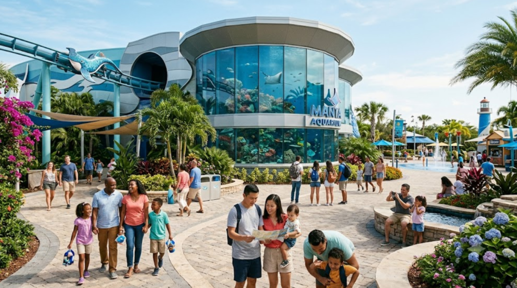 Hyper-realistic premium travel photograph of a modern marine-themed amusement park in Orlando, Florida, large aquarium-style attraction and beautifully landscaped pathways
