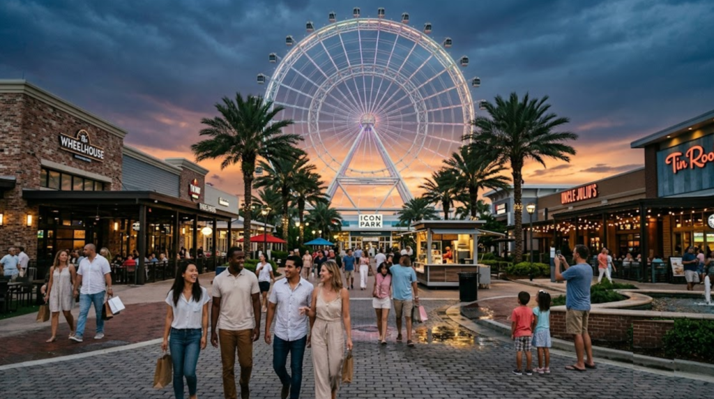 ravel photograph of ICON Park Orlando during sunset, large observation wheel illuminated against the Florida sky,