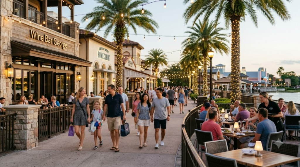 Hyper-realistic premium travel photograph of Disney Springs Orlando in the evening, stylish waterfront entertainment district with restaurants, shops,