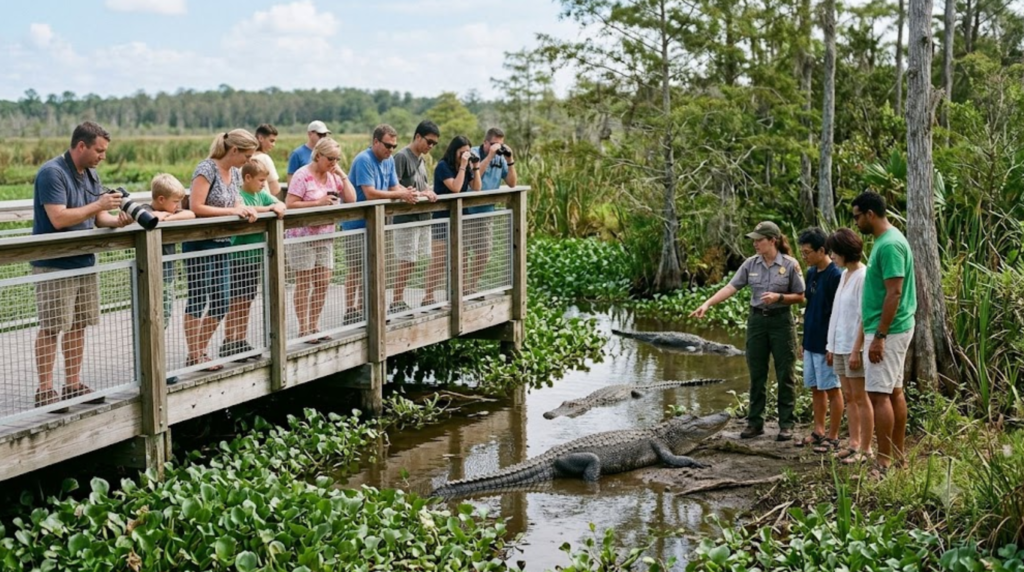 Hyper-realistic professional wildlife travel photograph at an authentic Florida wildlife park, diverse random international tourists observing American alligators safely from a designated viewing area, natural wetlands and lush Florida vegetation,