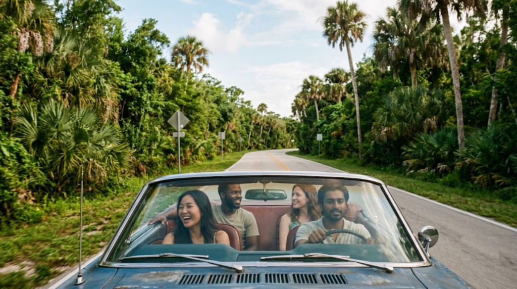 premium road-trip travel photograph of diverse random international tourists traveling through Florida