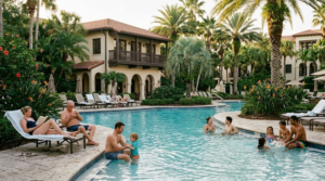 premium travel photograph of a luxurious Orlando resort pool surrounded by tropical Florida landscaping and palm trees,