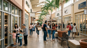 premium lifestyle travel photograph inside a modern Orlando outlet shopping center, diverse random international tourists naturally shopping and browsing retail stores, elegant architecture