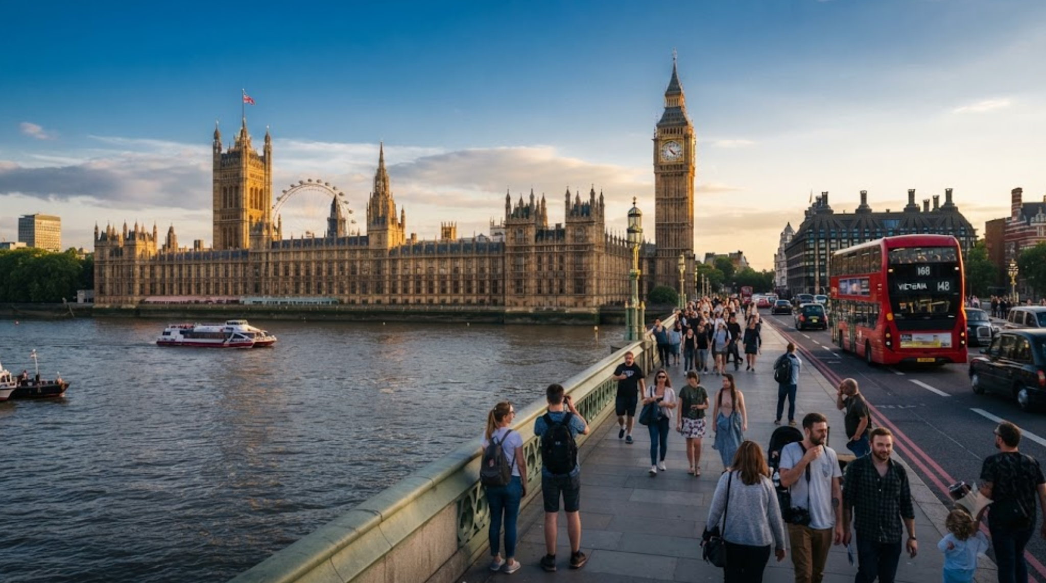 premium travel photograph of London, United Kingdom at golden hour, iconic Big Ben and Palace of Westminster beside the River Thames,