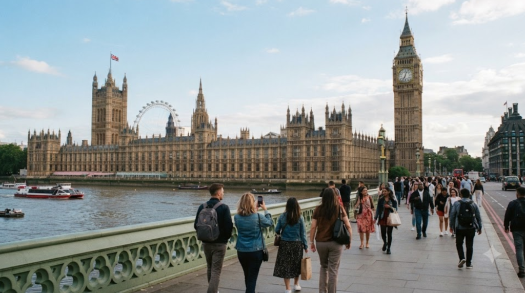 premium travel photograph of Big Ben and the Palace of Westminster in London, United Kingdom, iconic clock tower and historic Gothic architecture beside the River Thames,