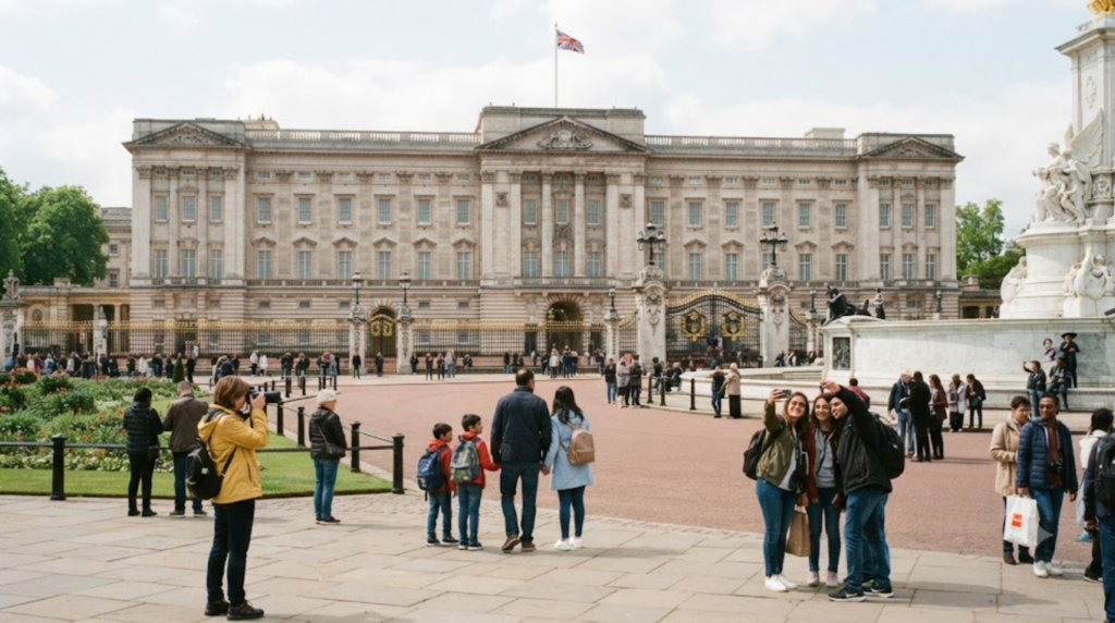 Buckingham Palace in London, grand historic royal palace façade, ornate gates and landscaped surroundings,