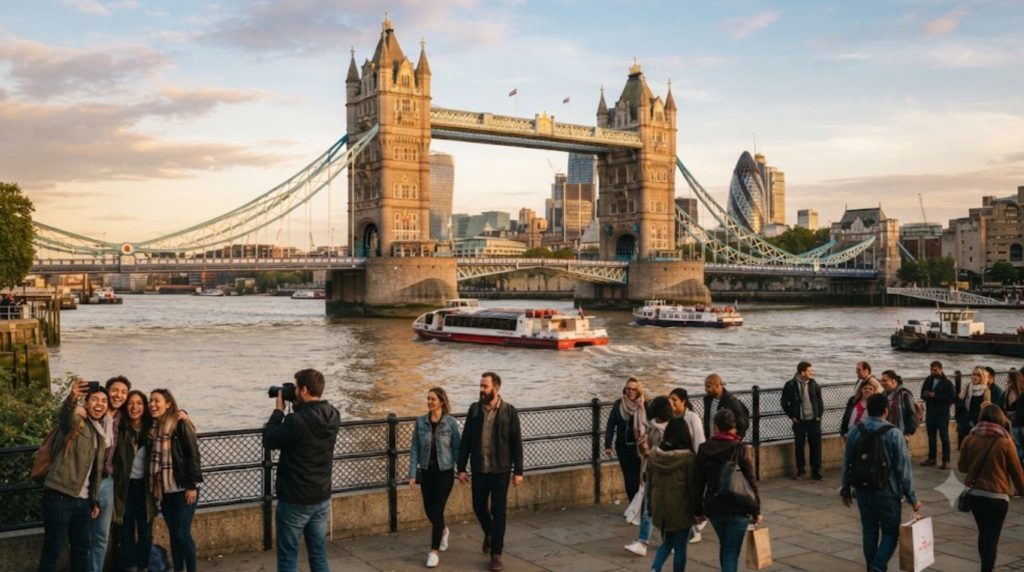 Tower Bridge London during golden hour, iconic Victorian bridge spanning the River Thames,