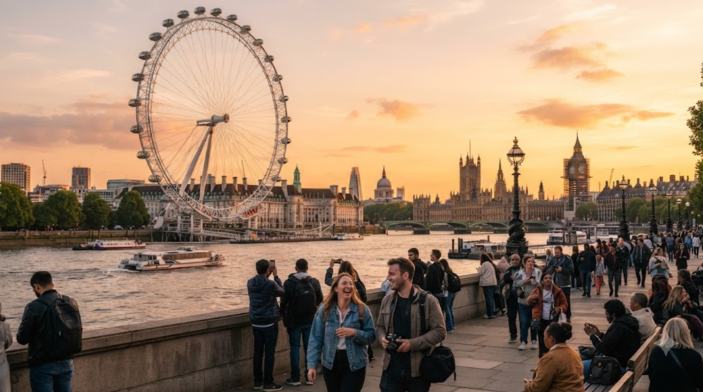 travel photograph of the London Eye beside the River Thames at sunset, iconic observation wheel overlooking Central London,