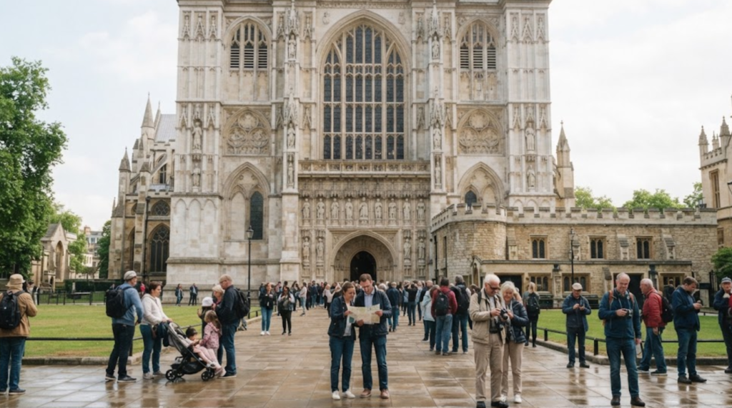 professional architectural travel photograph of Westminster Abbey in London, magnificent Gothic stone architecture, detailed historic façade